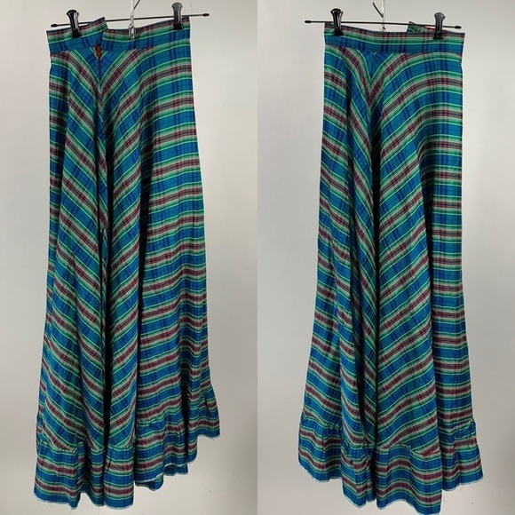 Vintage Handmade Plaid Tartan Holiday Christmas Satin Maxi Cottage Prairie Skirt - Picture 1 of 7